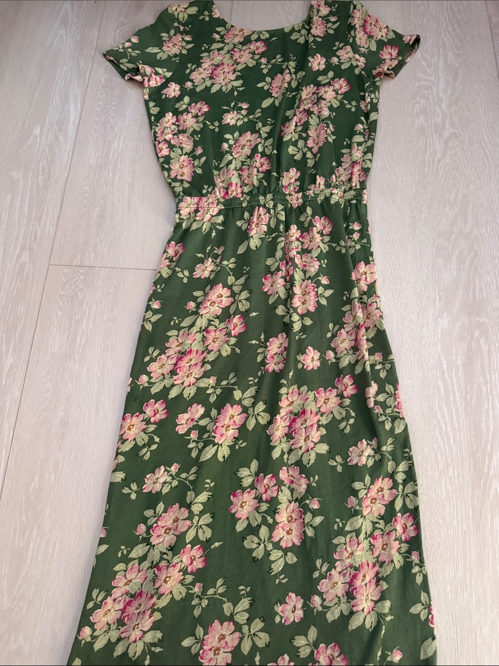 Sezane Olive Green Floral Backless Midi Dress with Pink Flowers - Picture 10 of 12